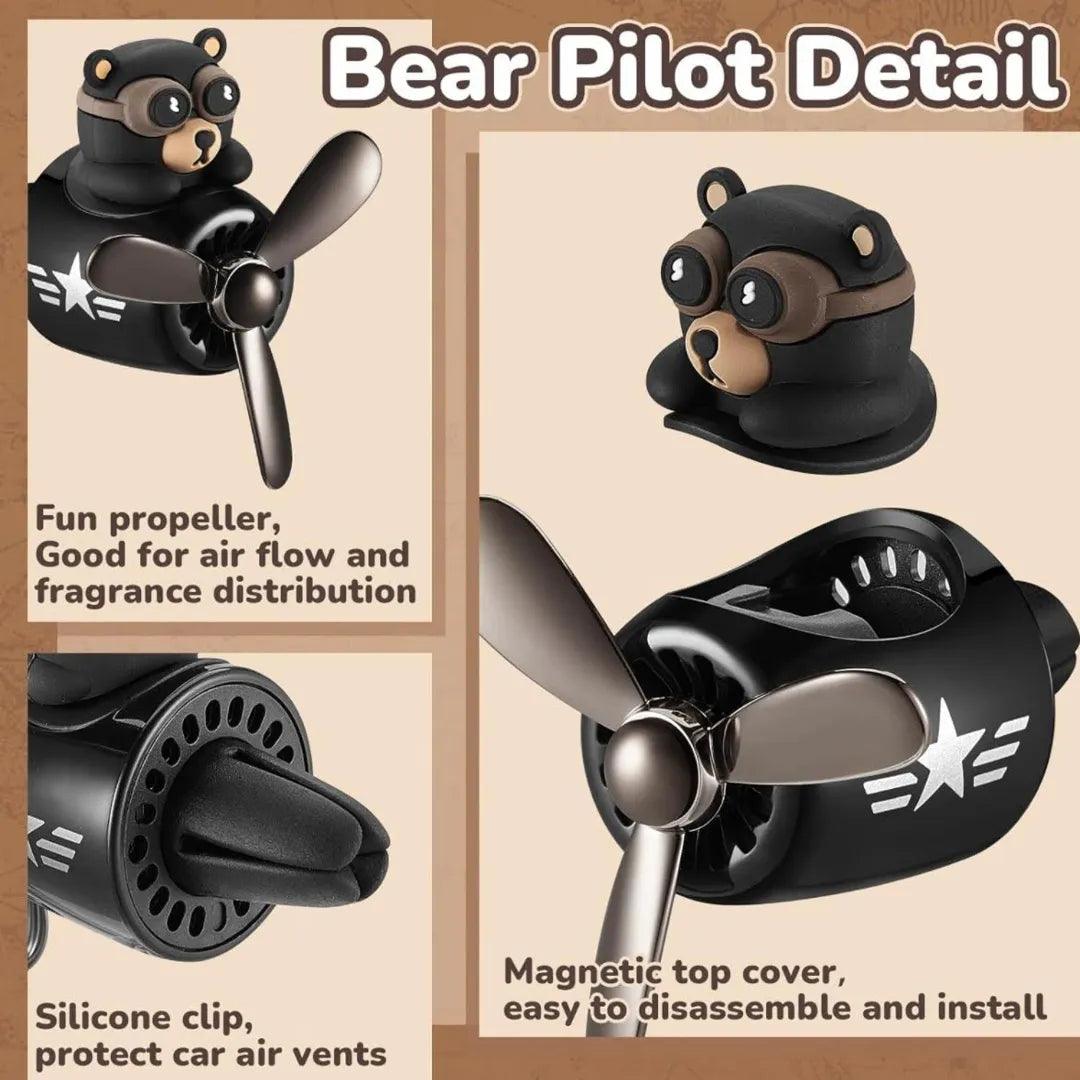 Bear pilot-themed car air freshener details, highlighting the fun propeller for air flow and fragrance distribution, the magnetic top cover for easy disassembly and installation, and the silicone clip to protect car air vents.