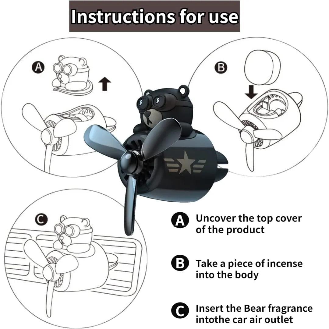 Instructions for using the bear pilot-themed car air freshener, showing steps to uncover the top cover, insert a piece of incense, and place the diffuser into the car air outlet.