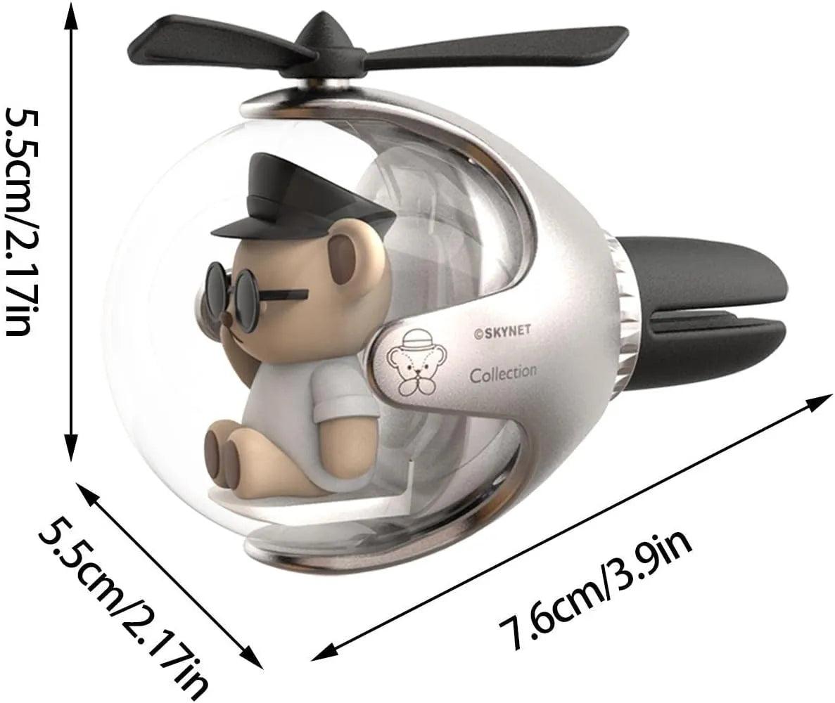 Bear Pilot Car Air Freshener with a Propeller Diffuser in silver, showing dimensions in centimeters and inches