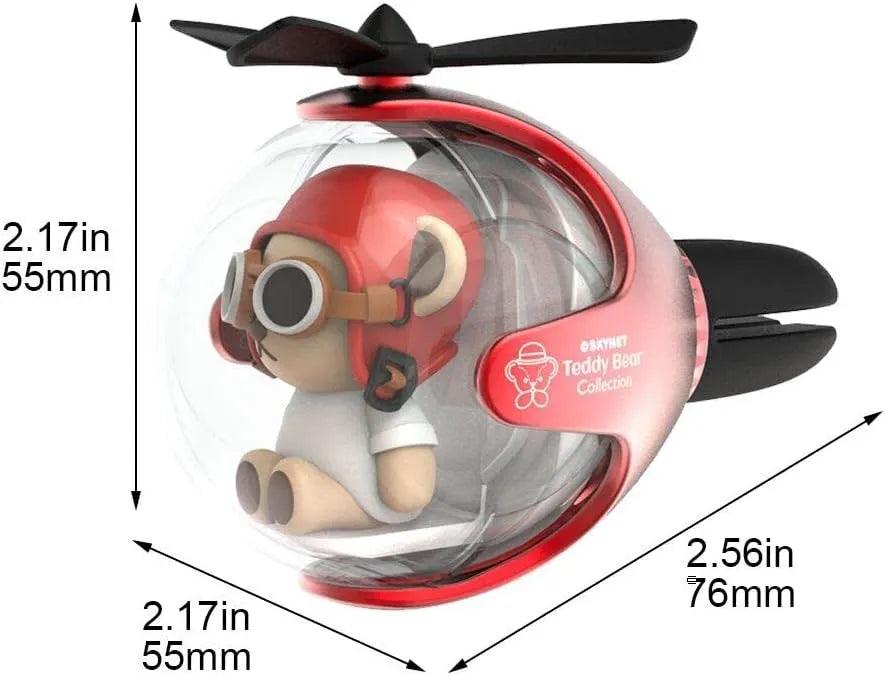 Bear Pilot Car Air Freshener with a Propeller Diffuser, showing dimensions in inches and millimeters