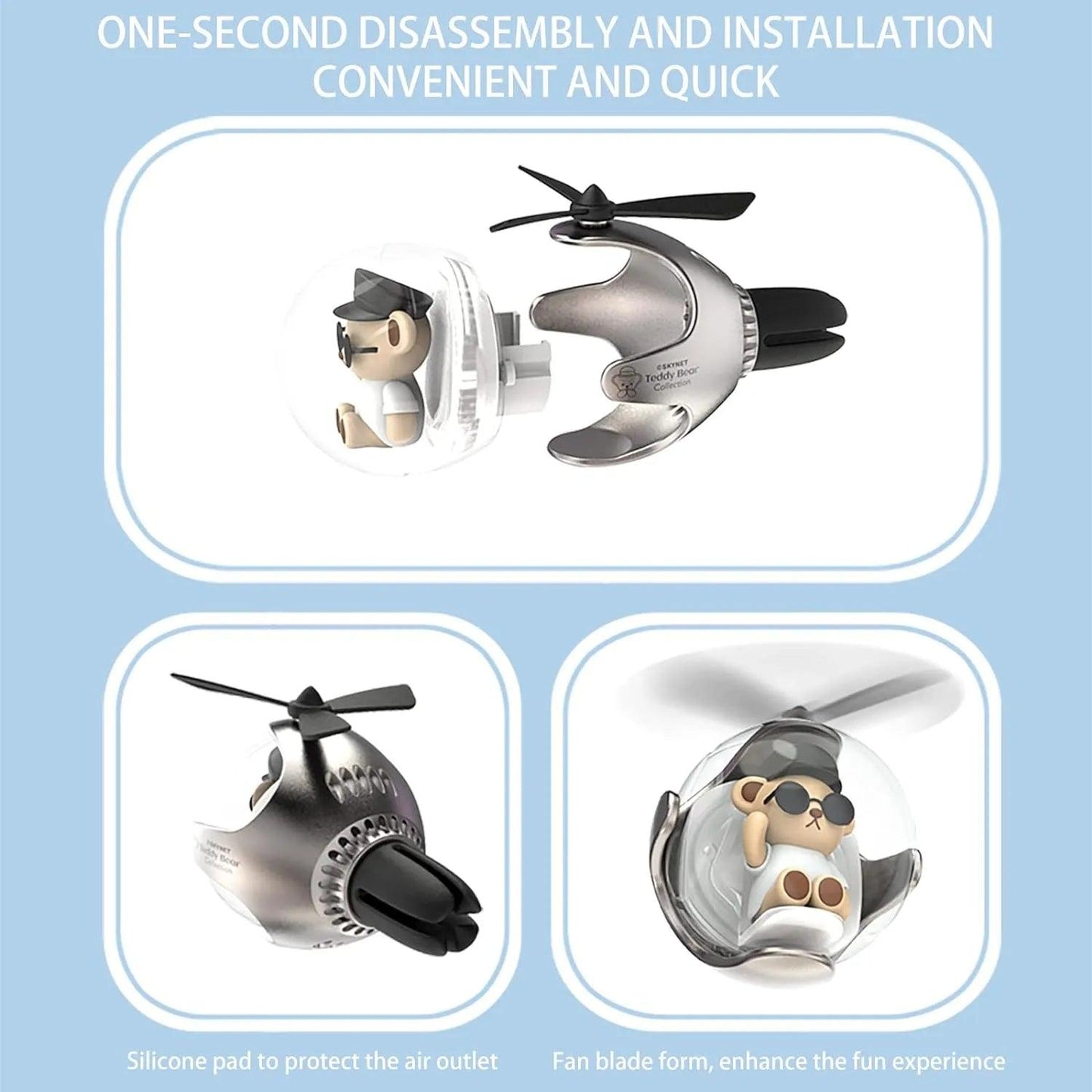 Bear Pilot Car Air Freshener with a Propeller Diffuser, showing easy disassembly and installation, silicone pad