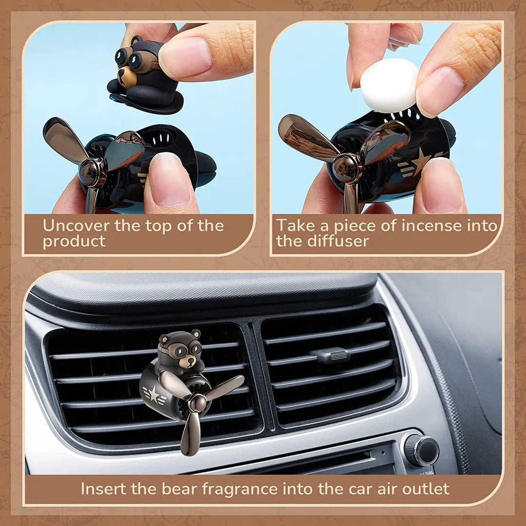 Instructions for using the bear pilot-themed car air freshener, including steps to uncover the top, insert a piece of incense, and place the diffuser into the car air outlet.