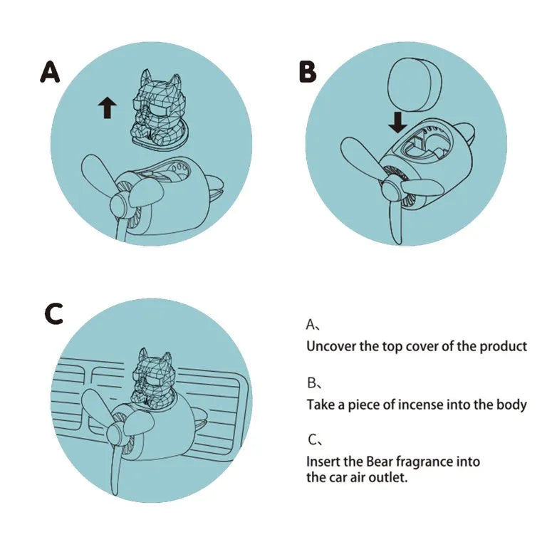 The image provides instructions for using the bulldog pilot car air freshener. It includes three steps illustrated with diagrams: Uncover the top cover of the product. Insert a piece of incense into the body. Attach the air freshener to the car air outlet. Each step is visually represented to guide users through the process of setting up the air freshener.