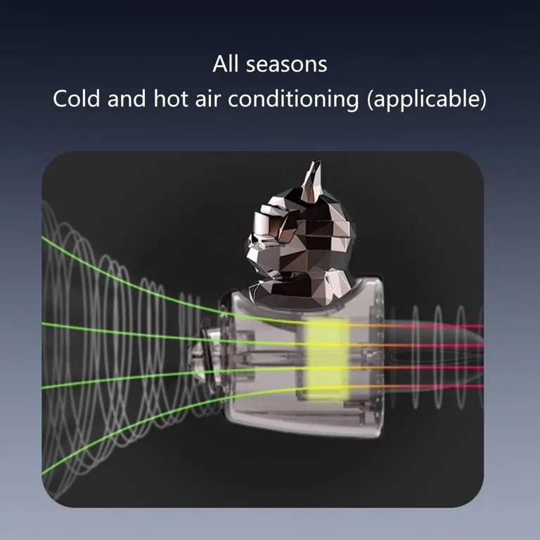 The image shows a bulldog pilot car air freshener with a propeller design. It illustrates that the air freshener is suitable for all seasons, working effectively with both cold and hot air conditioning. The design allows for the fragrance to be dispersed through the air conditioning system, ensuring a consistent and pleasant aroma in the car throughout the year.