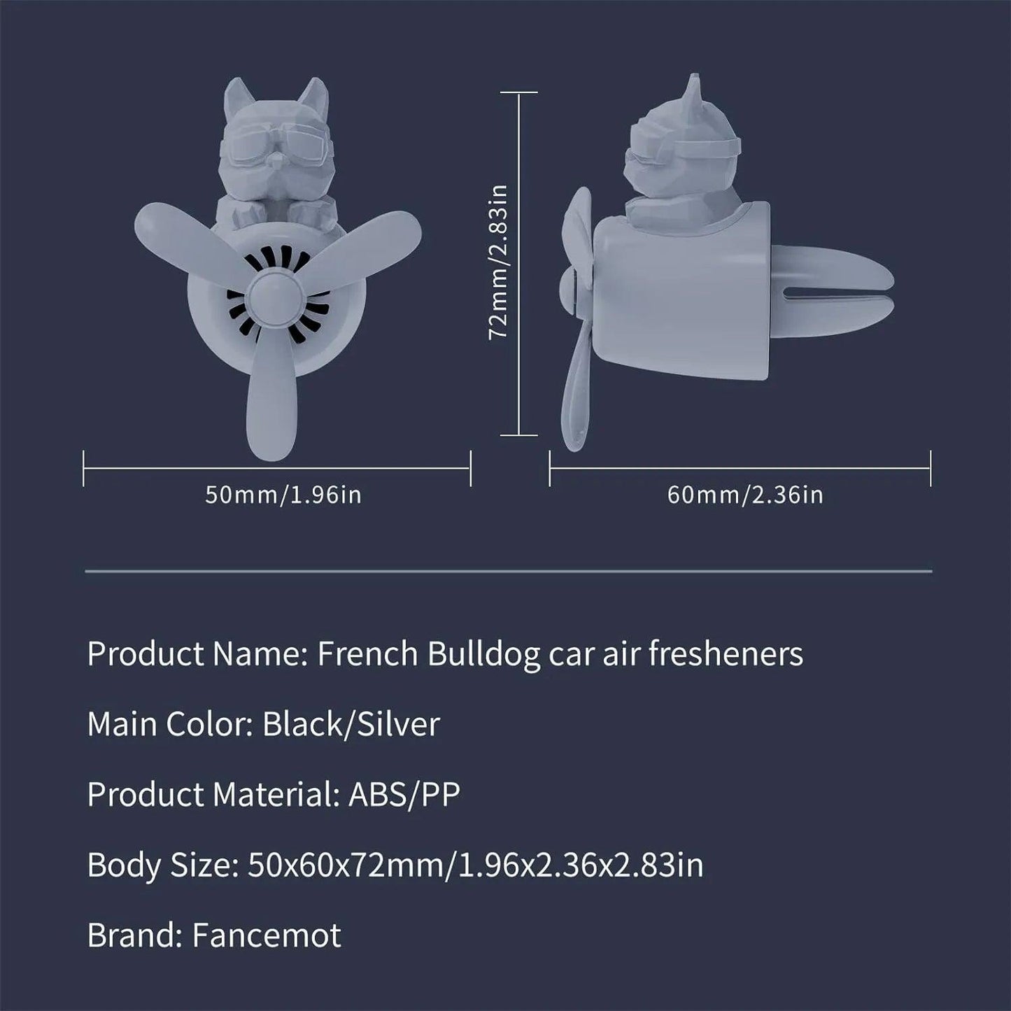 Dimensions and specifications of French Bulldog car air fresheners. The product measures 50mm (1.96in) in width, 72mm (2.83in) in height, and 60mm (2.36in) in depth. The main colors are black and silver, made from ABS/PP material. The brand name is Fancemot."