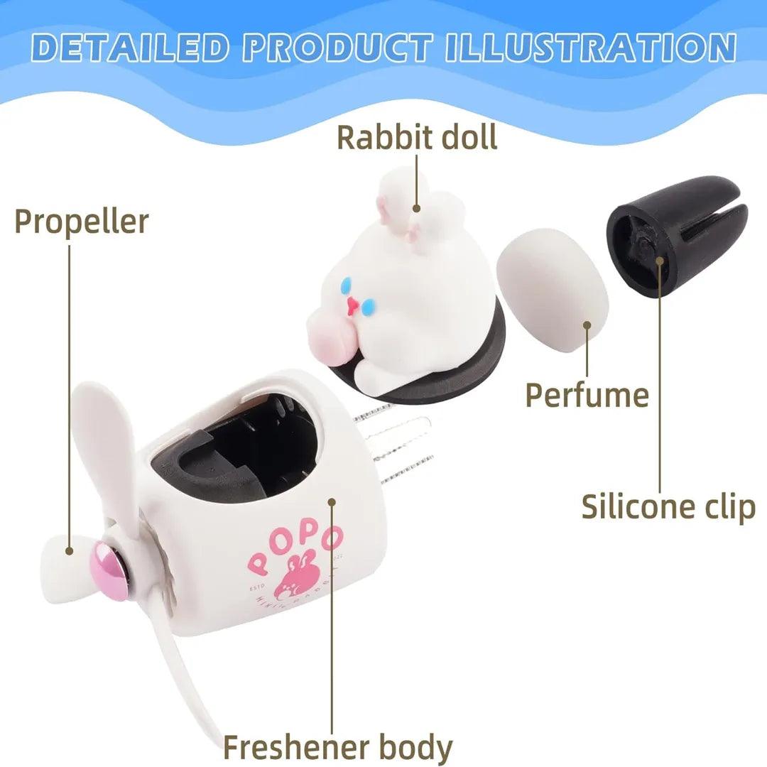 Cute Bunny Pilot Car Air Freshener - Detailed Illustration with Propeller, Rabbit Doll, Perfume, Silicone Clip, and Freshener Body