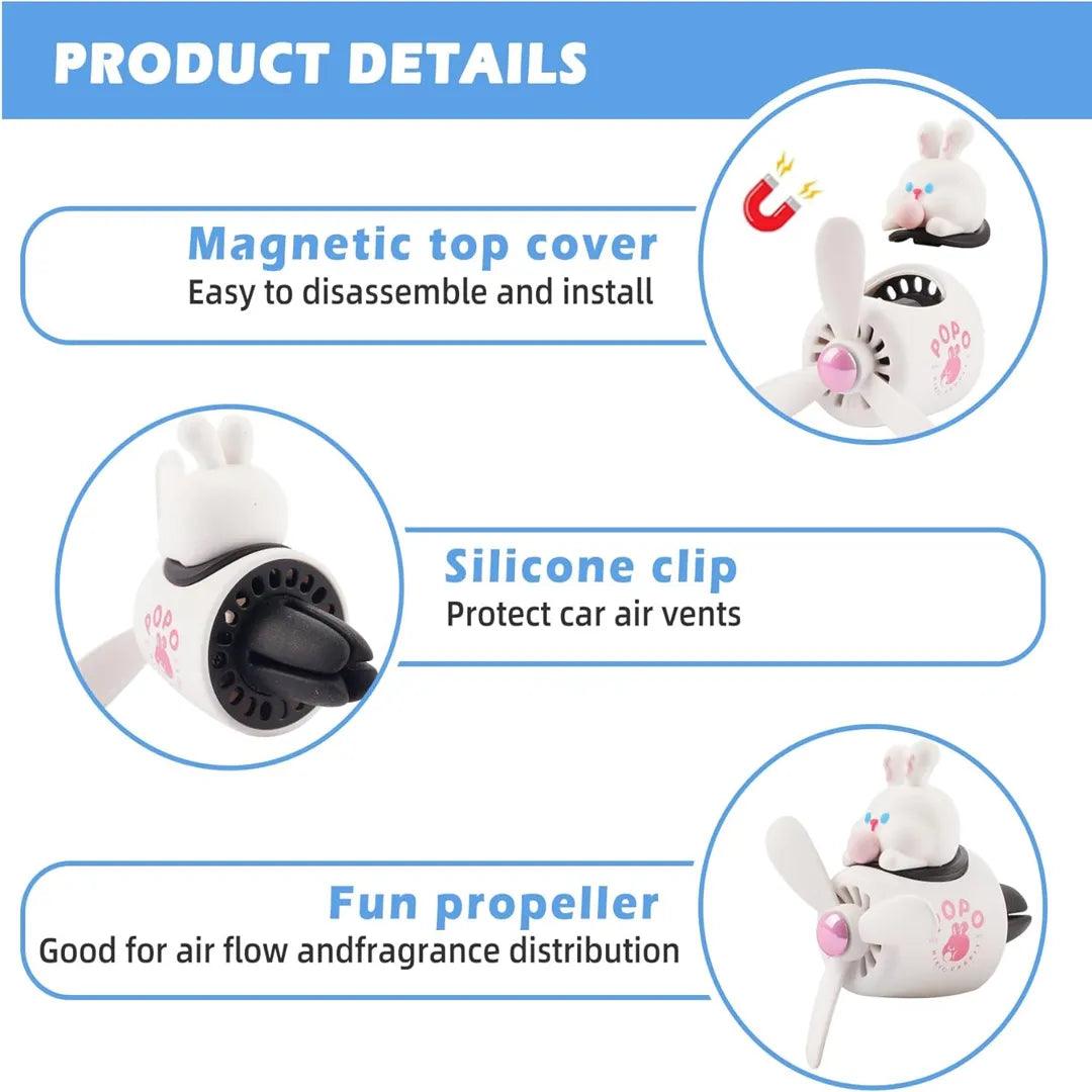 Cute Bunny Pilot Car Air Freshener - Product Details with Magnetic Top Cover, Silicone Clip, and Fun Propeller