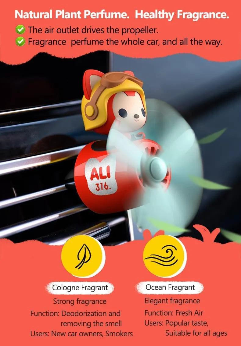 Cute Raccoon Pilot Car Air Freshener with a Propeller Diffuser promoting natural plant perfume and healthy fragrance options