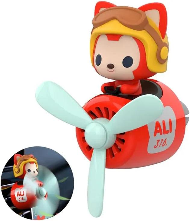 Cute Raccoon Pilot Car Air Freshener with a Propeller Diffuser, showing front and side views