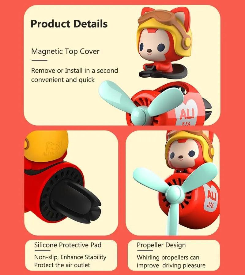 Product details of Cute Raccoon Pilot Car Air Freshener with a Propeller Diffuser, featuring magnetic top cover, silicone protective pad, and propeller design
