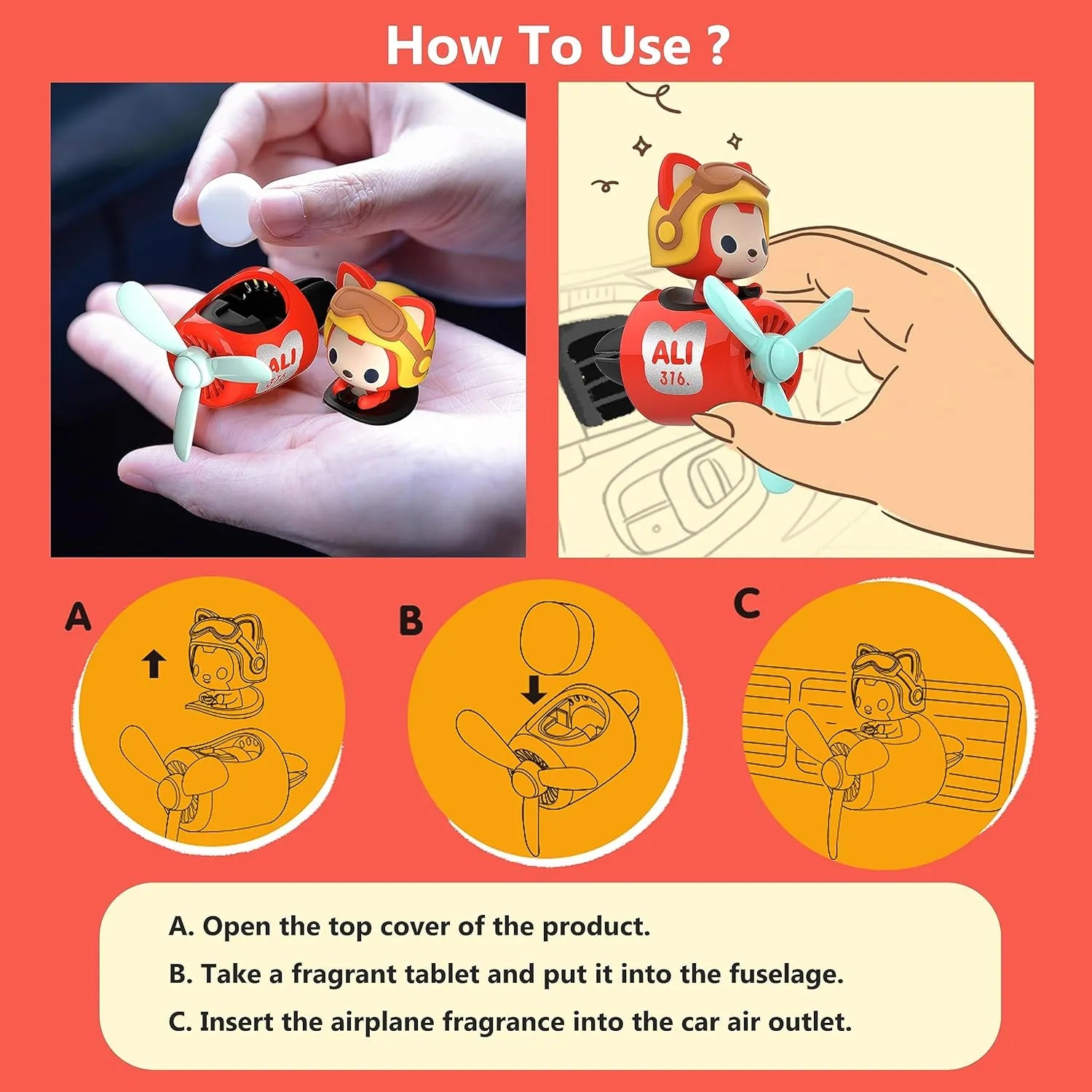 Instructions on how to use the Cute Raccoon Pilot Car Air Freshener with a Propeller Diffuser 
