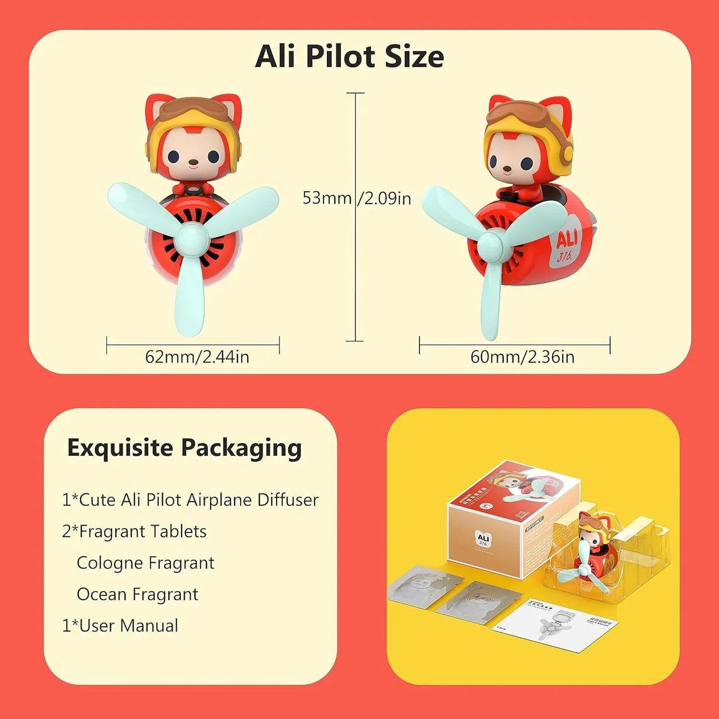 Cute Raccoon Pilot Car Air Freshener with a Propeller Diffuser showing size and packaging details