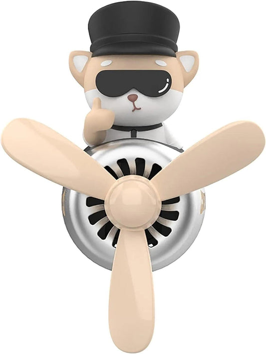 Adorable Shiba Inu pilot car air freshener with a propeller diffuser in beige and black colors.