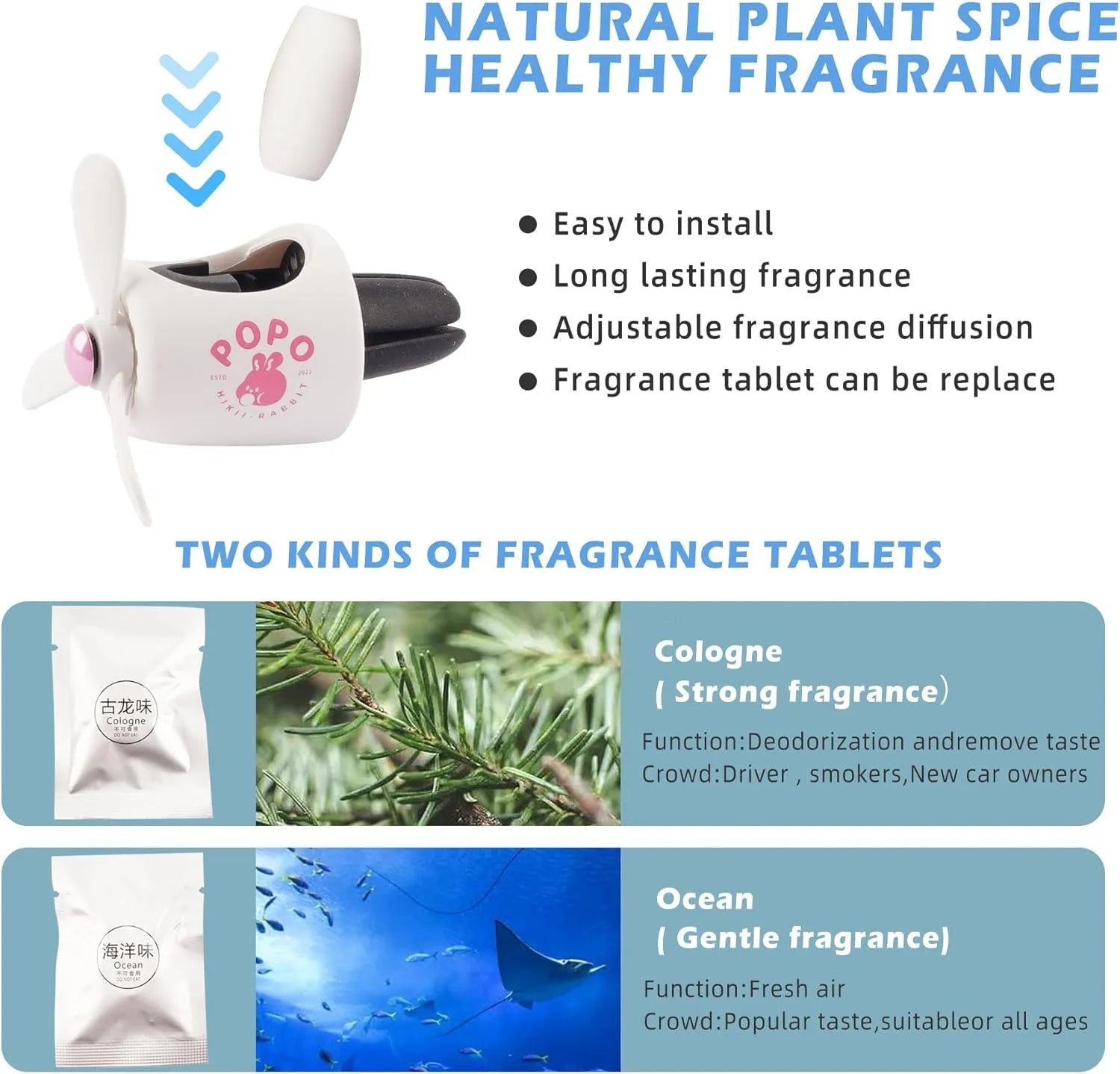 Fragrance Options for Cute Bunny Pilot Car Air Freshener | Natural Plant Spice Healthy Fragrance with Easy Installation and Long-Lasting Aroma