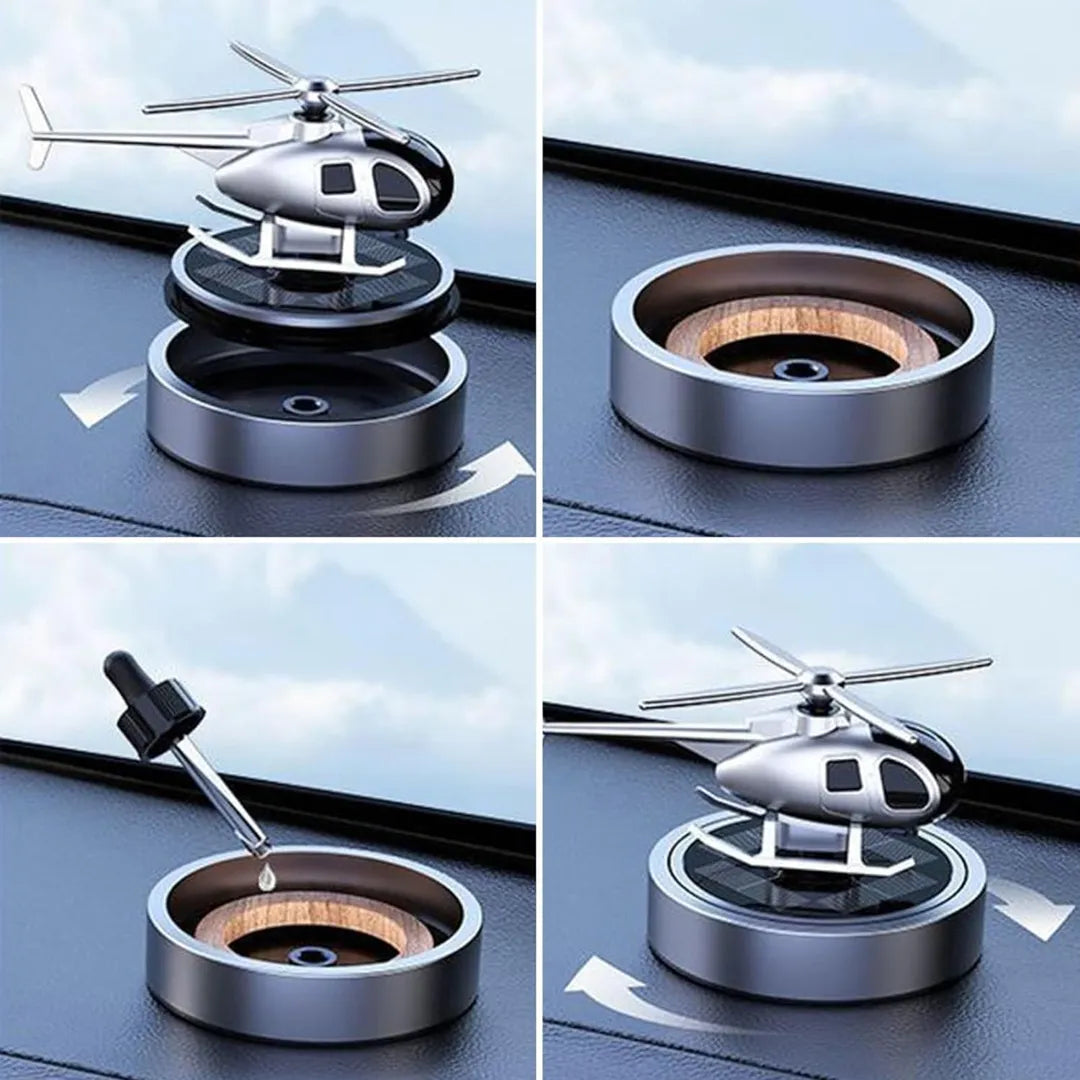 Step-by-step guide on how to use a solar-powered helicopter propeller car air freshener, including assembly and adding fragrance oil for optimal performance.