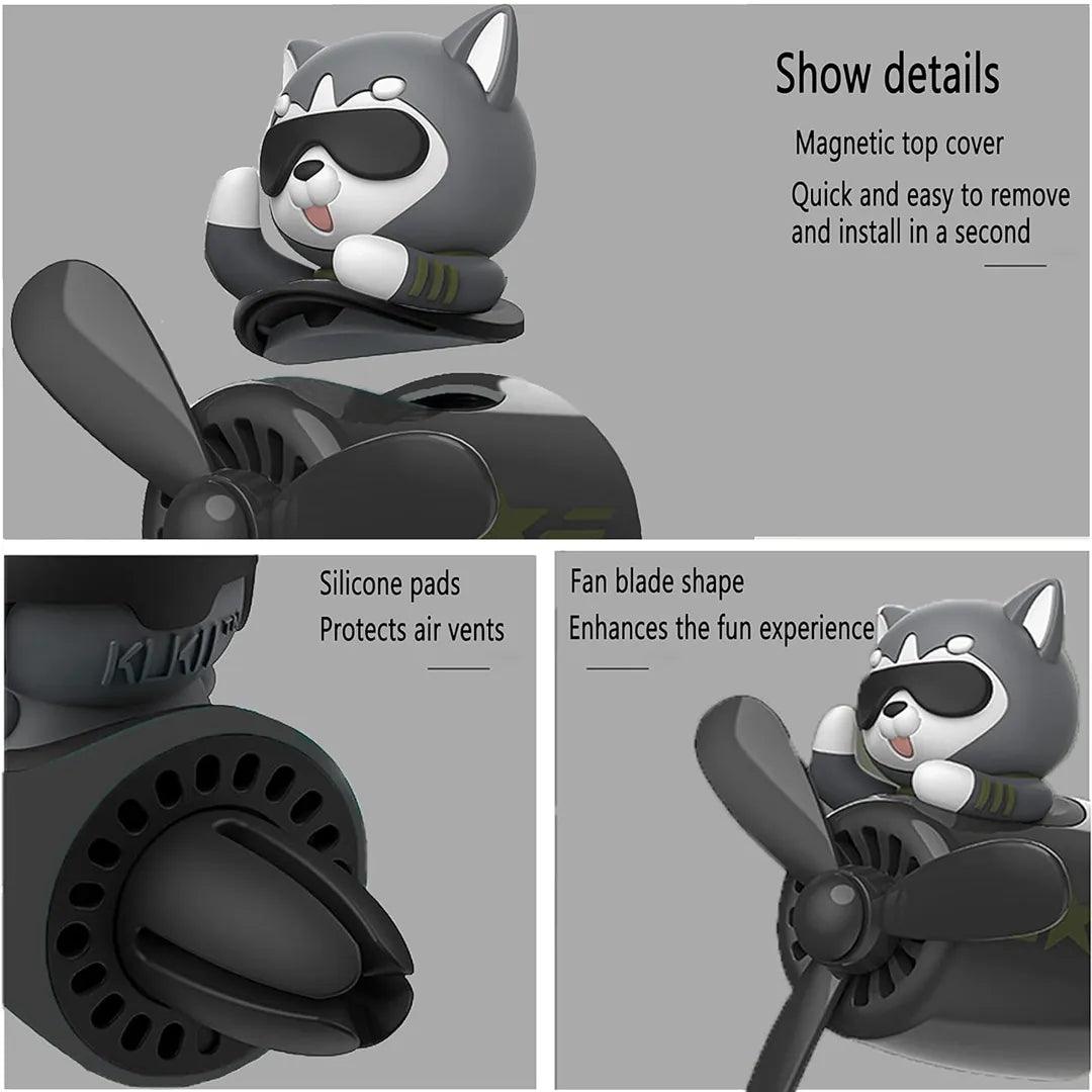 Husky Dog Pilot Car Air Freshener showing detailed features including silicone pads, magnetic top cover, and fan blade shape.