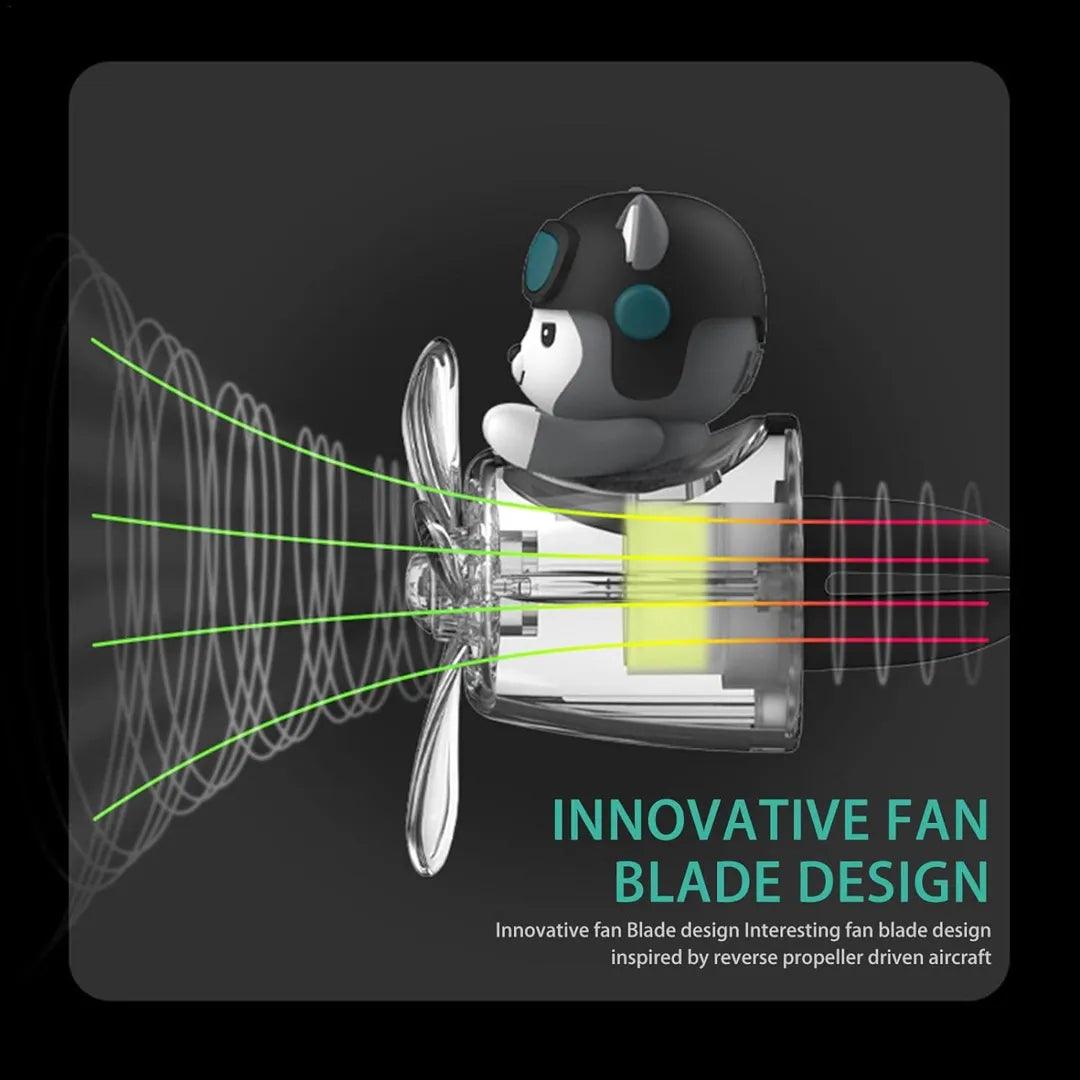 Husky Dog Pilot Car Air Freshener showcasing its innovative fan blade design, inspired by reverse propeller-driven aircraft.