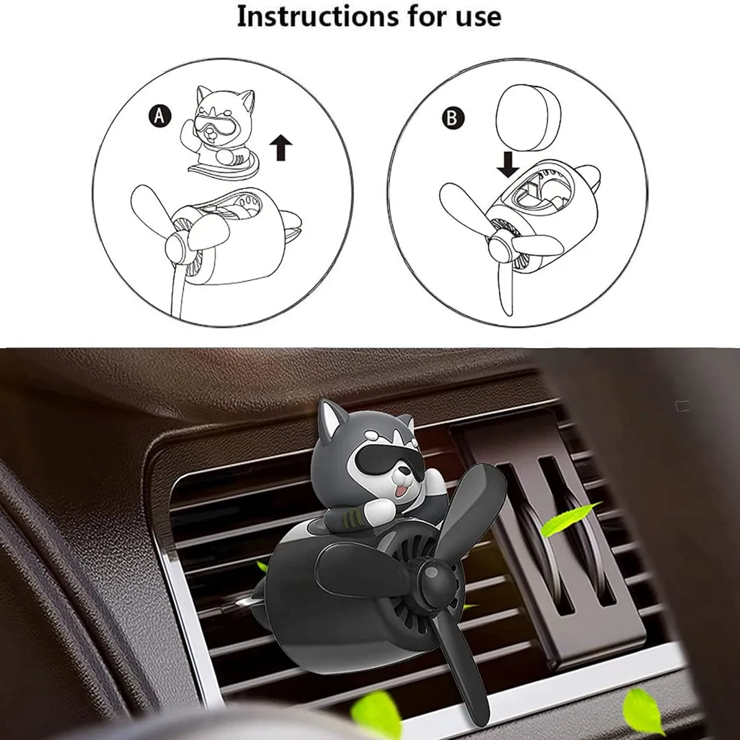Instructions for installing the Husky Dog Pilot Car Air Freshener on a car vent, showing detailed steps and the product in place.