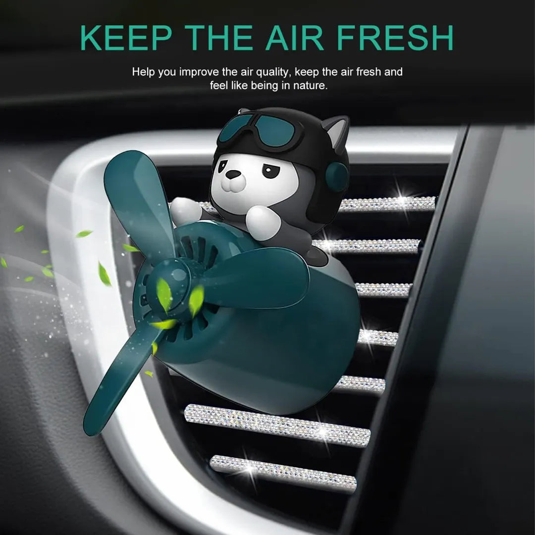 Husky Dog Pilot Car Air Freshener installed on a car vent with text "Keep the Air Fresh" promoting improved air quality.