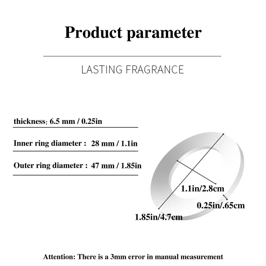 Product parameters for lasting fragrance diffuser ring with thickness, inner ring diameter, and outer ring diameter measurements.