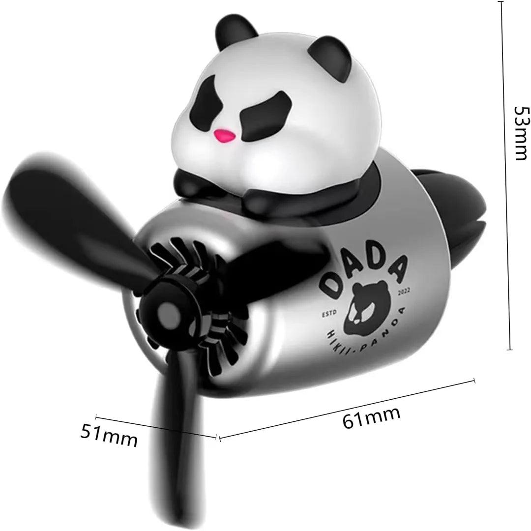 A panda-themed car air freshener with dimensions labeled. The panda figure sits on top of a silver and black airplane-shaped body with a propeller in the front. The dimensions are marked as 53mm in height, 51mm in width, and 61mm in length. The text on the body reads 'DADA' with a panda logo and 'ESTD 2022'.