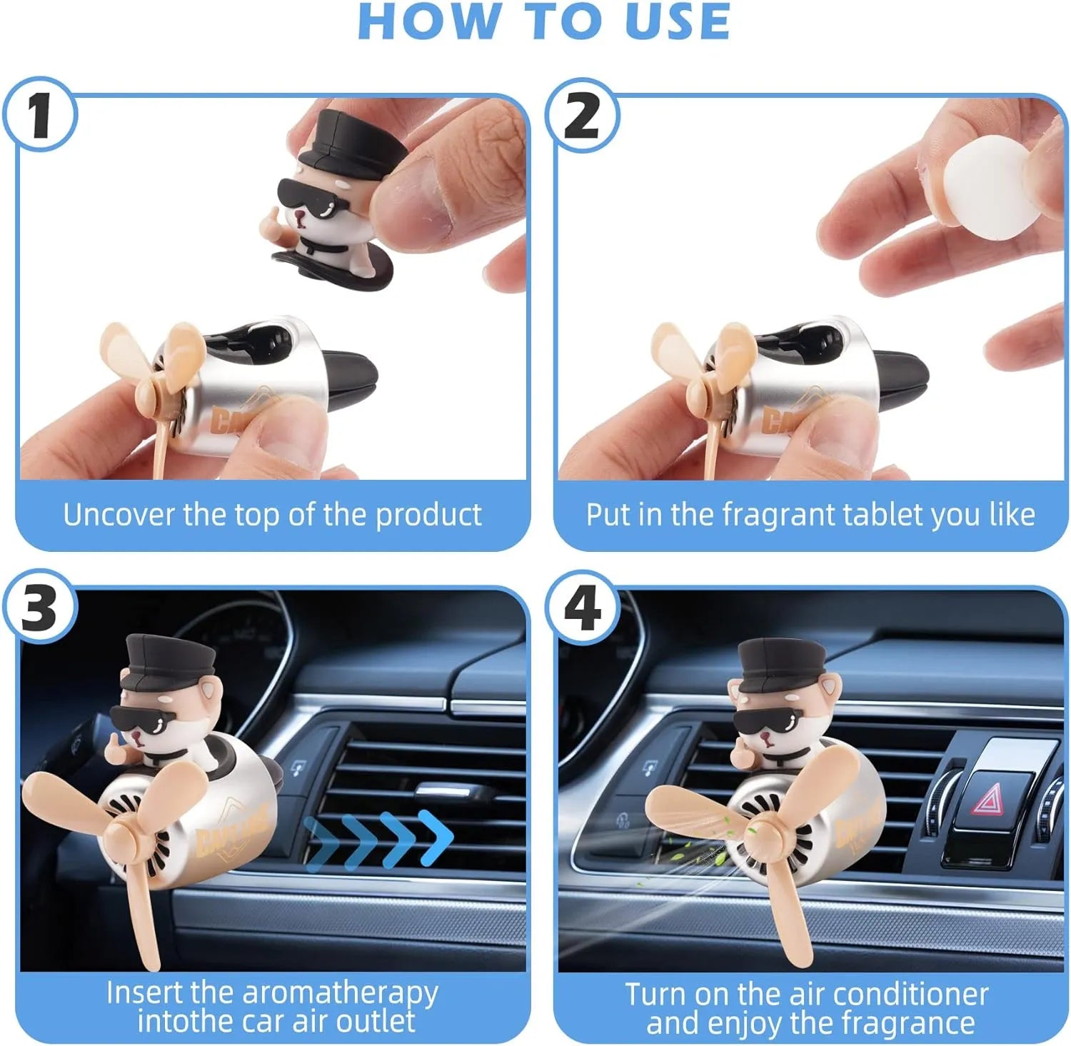 Step-by-step instructions on how to use the Shiba Inu pilot car air freshener with propeller diffuser, showing the process from inserting the fragrance tablet to enjoying the fresh scent.