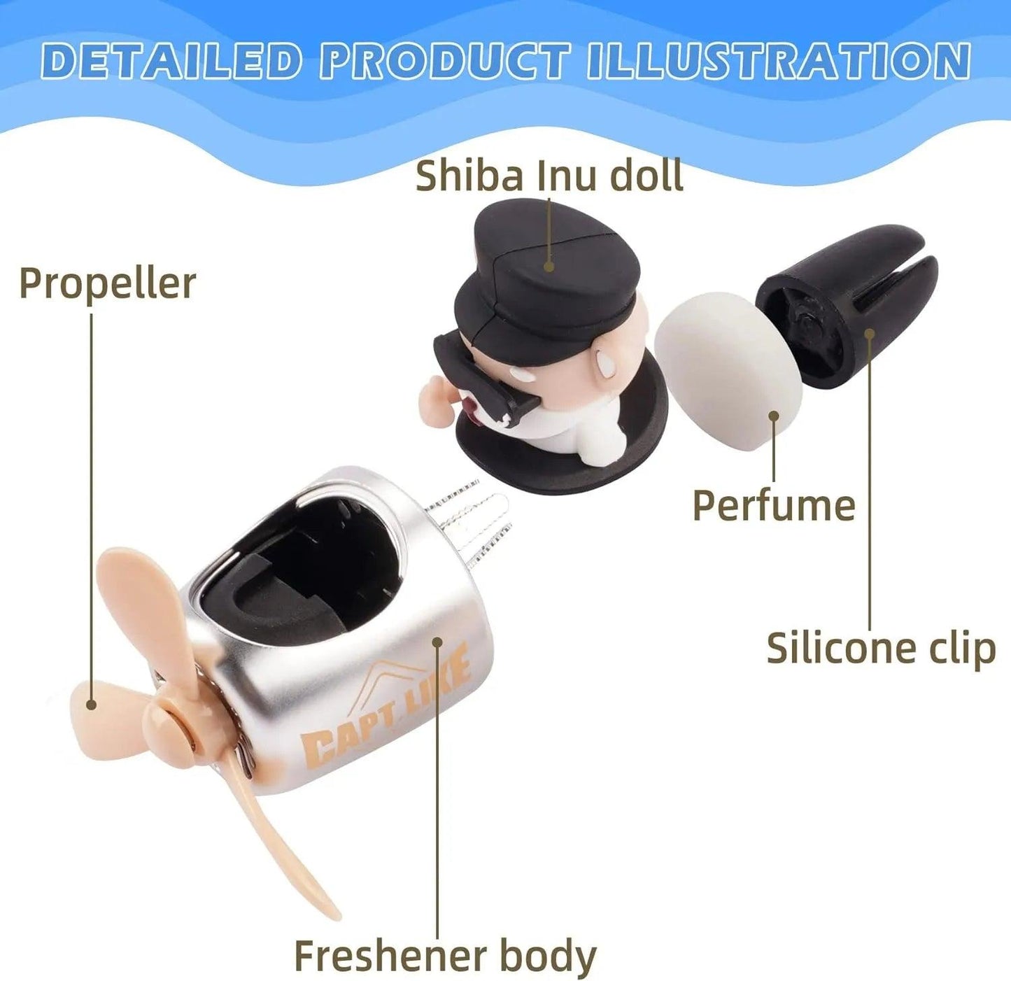 Detailed product illustration of the Shiba Inu pilot car air freshener with propeller diffuser, showing the components including the freshener body, propeller, Shiba Inu doll, perfume, and silicone clip.