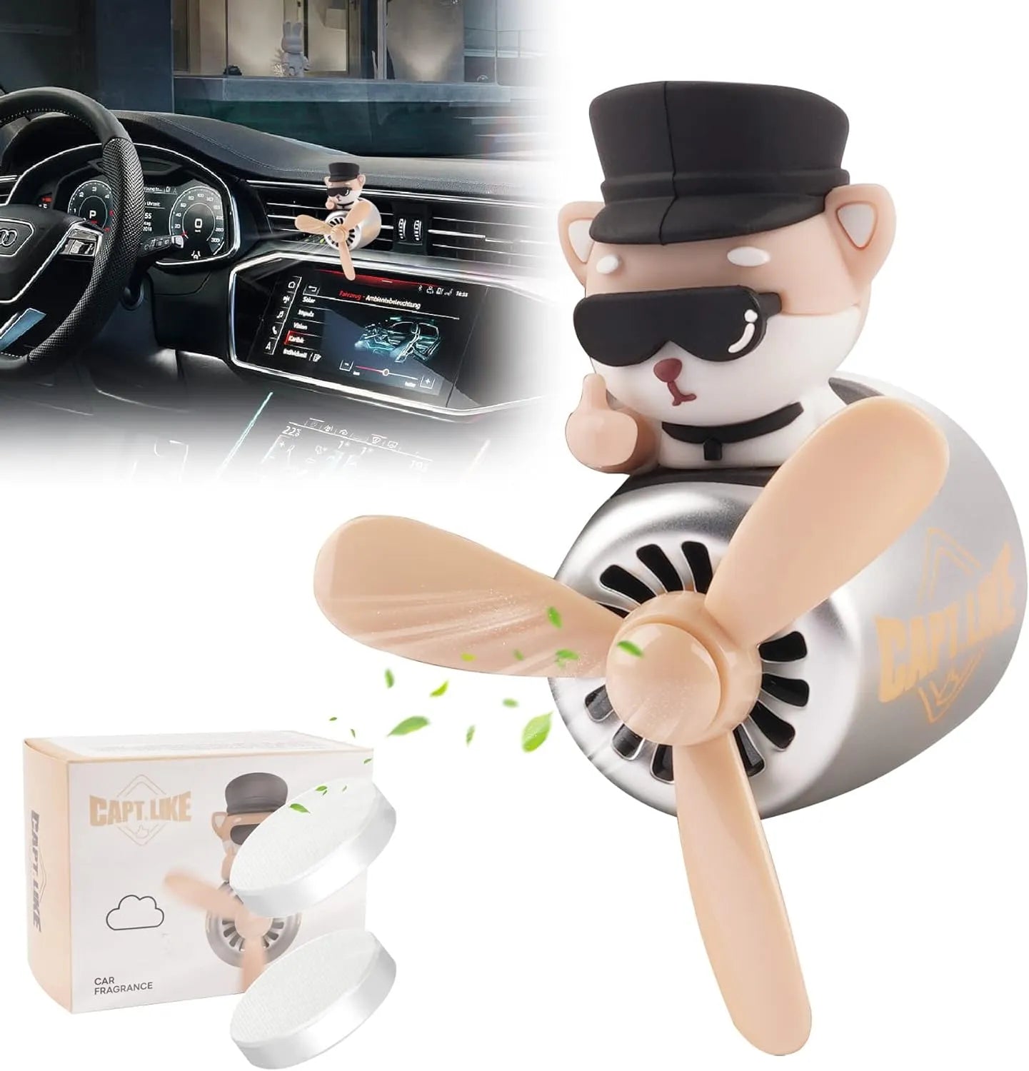 Shiba Inu pilot car air freshener with propeller diffuser in use inside a car, showcasing the product and its packaging.