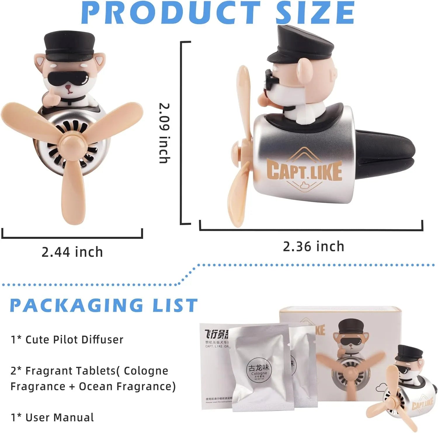 Product size and packaging list of the Shiba Inu pilot car air freshener with propeller diffuser, including dimensions and additional accessories.