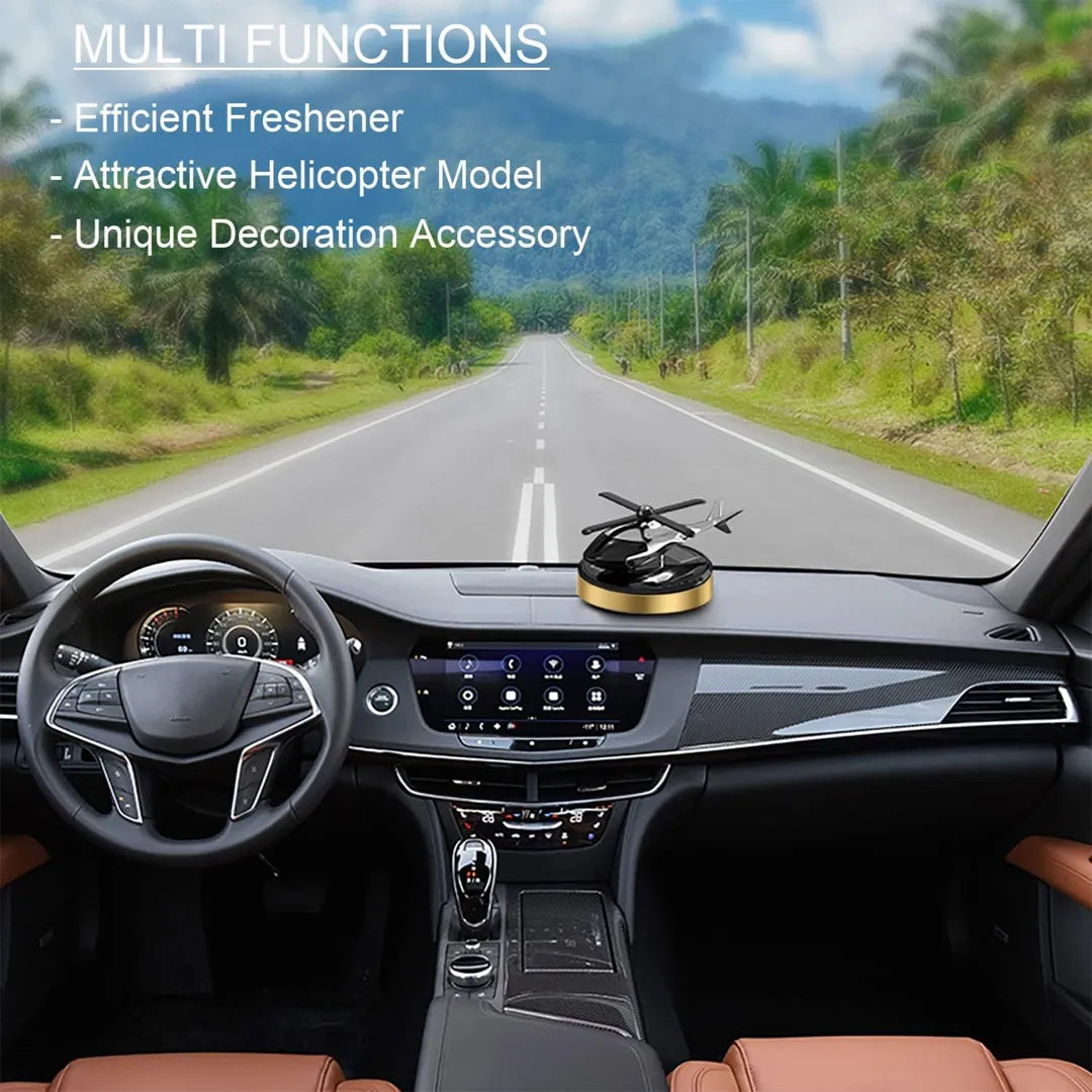 Solar-powered helicopter propeller car air freshener displayed on a car dashboard, showcasing its multifunctional use as an efficient freshener, attractive model, and unique decoration accessory.