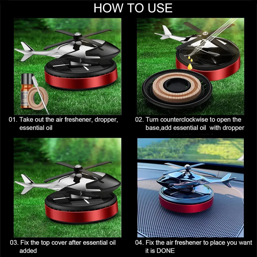 tep-by-step guide on how to use the solar-powered helicopter propeller car air freshener, including adding essential oil and placing it in the car for a fresh fragrance.