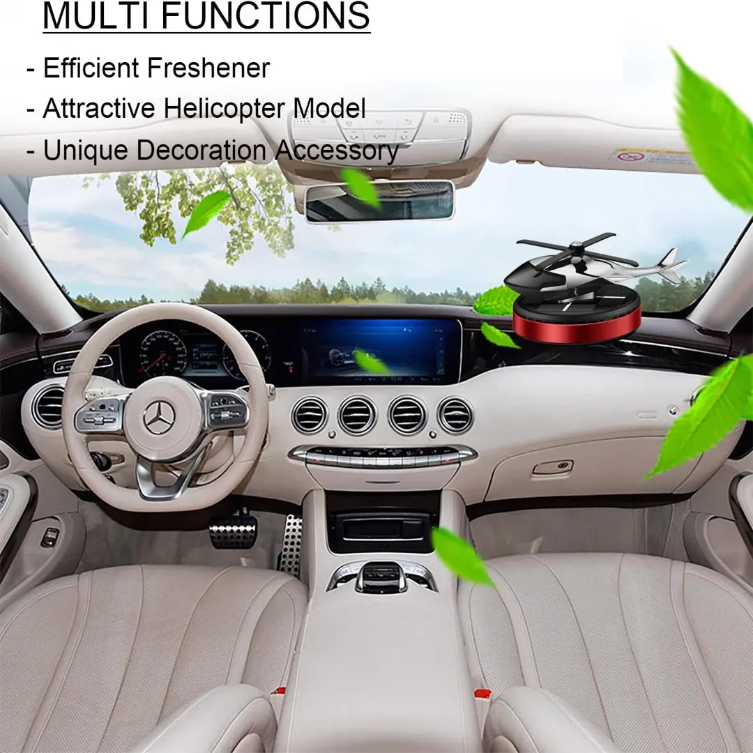 Solar-powered helicopter propeller car air freshener on a Mercedes dashboard, highlighting its efficiency, attractive design, and role as a unique decoration accessory for vehicles.