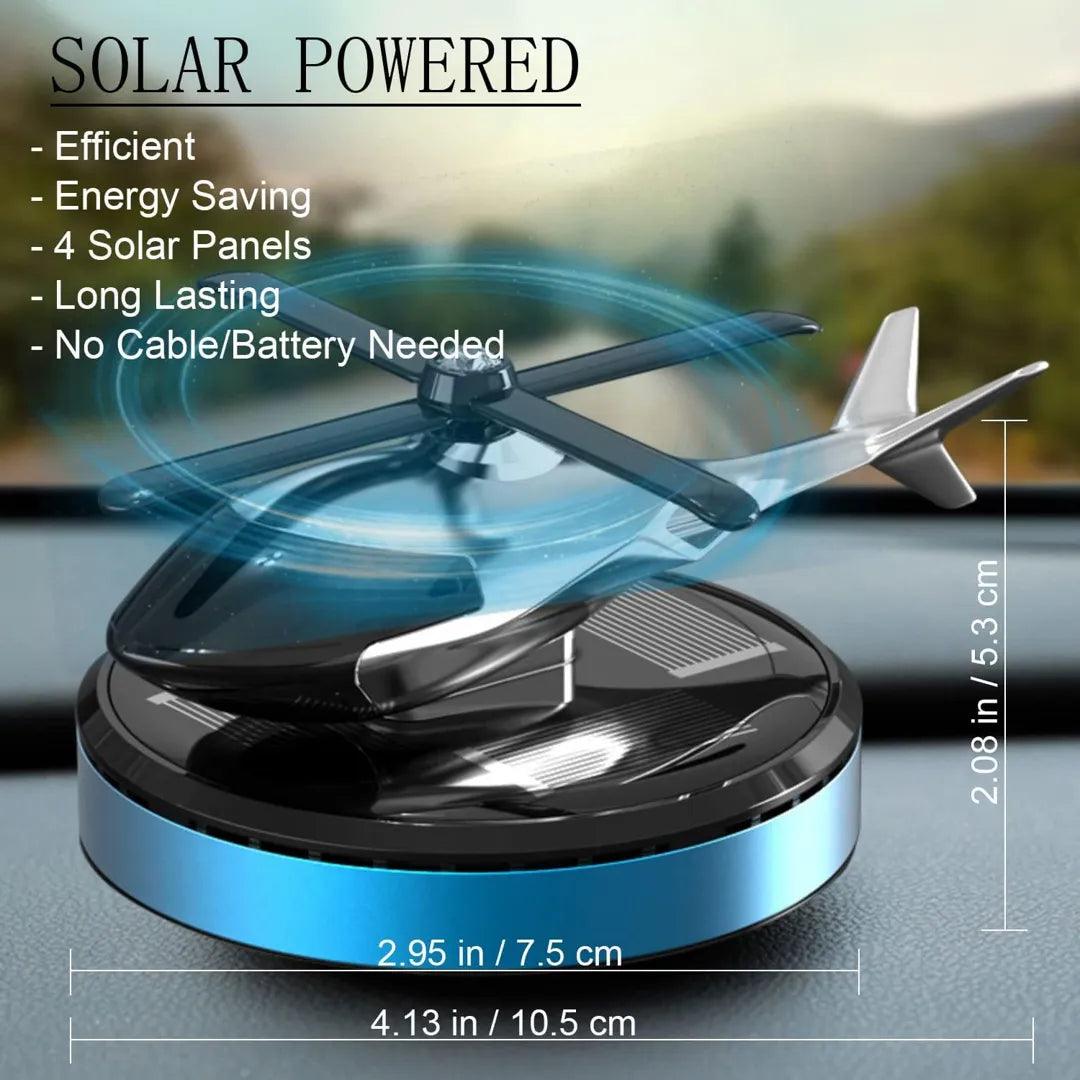 Solar-powered helicopter propeller car air freshener with blue accents, featuring energy-saving technology, four solar panels, and compact dimensions, offering a long-lasting fragrance solution without the need for cables or batteries.