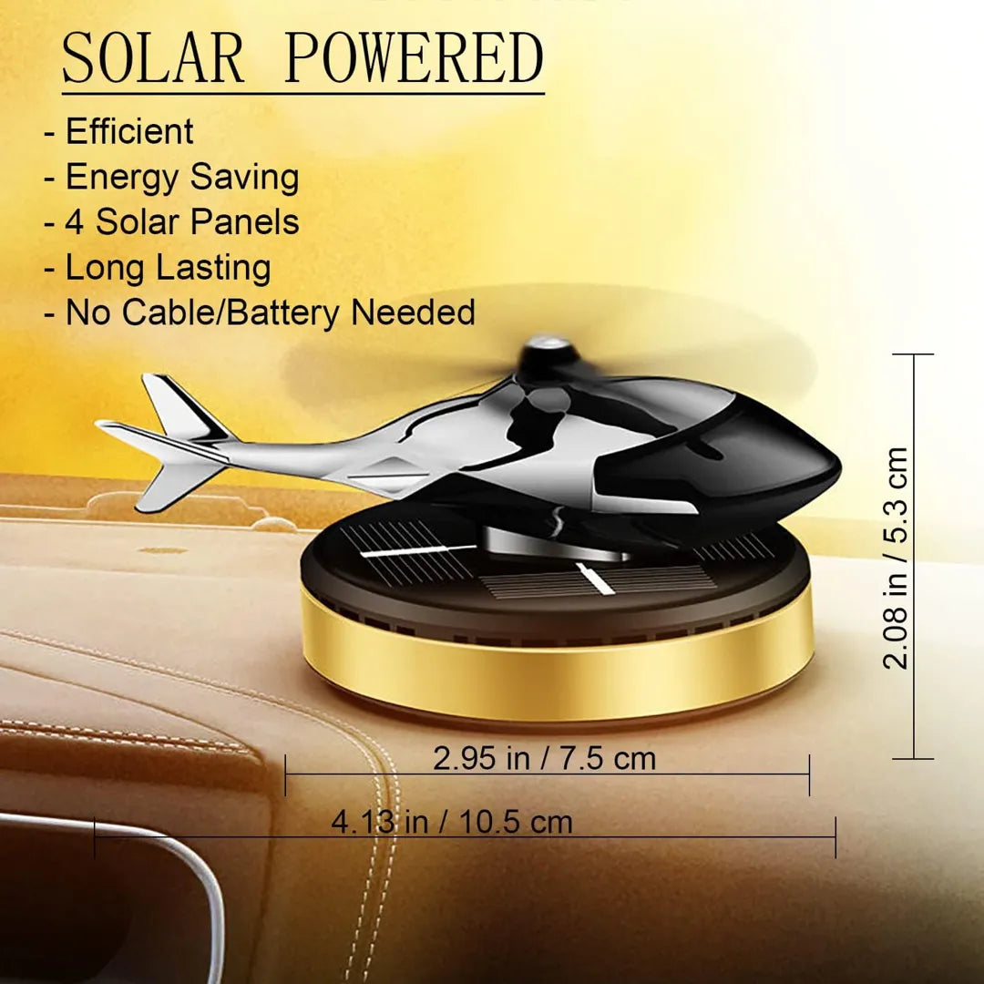 Solar-powered helicopter propeller car air freshener with gold and black design, featuring dimensions and efficiency details, highlighting energy-saving and long-lasting benefits with no cables or batteries required.