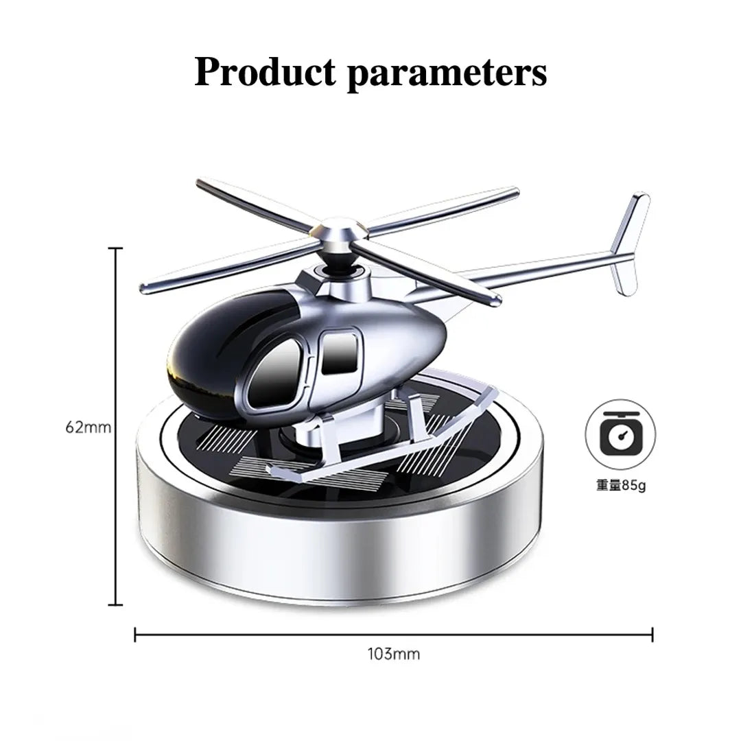 Product dimensions and weight of solar-powered helicopter propeller car air freshener, showcasing its compact size and sleek design.