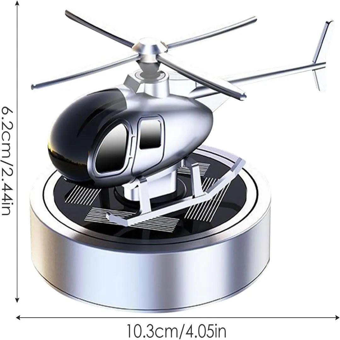 Dimensions of solar-powered helicopter propeller car air freshener, highlighting its compact design and size for easy placement in vehicles.