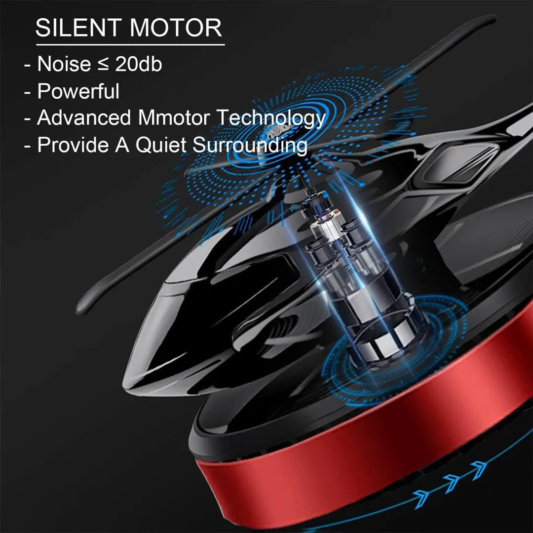 Close-up of a solar-powered helicopter propeller car air freshener with a silent motor, featuring advanced technology, noise level under 20db, and a red base, ensuring a quiet and powerful fragrance solution for vehicles.