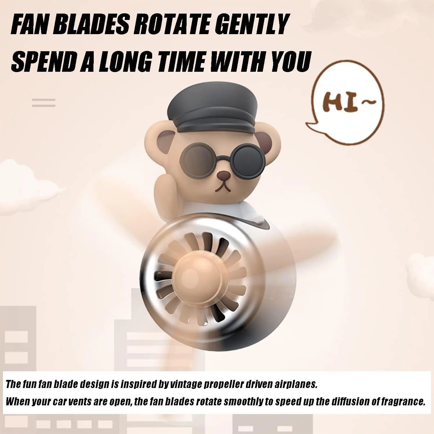 Teddy Bear Pilot Car Air Freshener with propeller diffuser, featuring rotating fan blades for smooth fragrance diffusion."