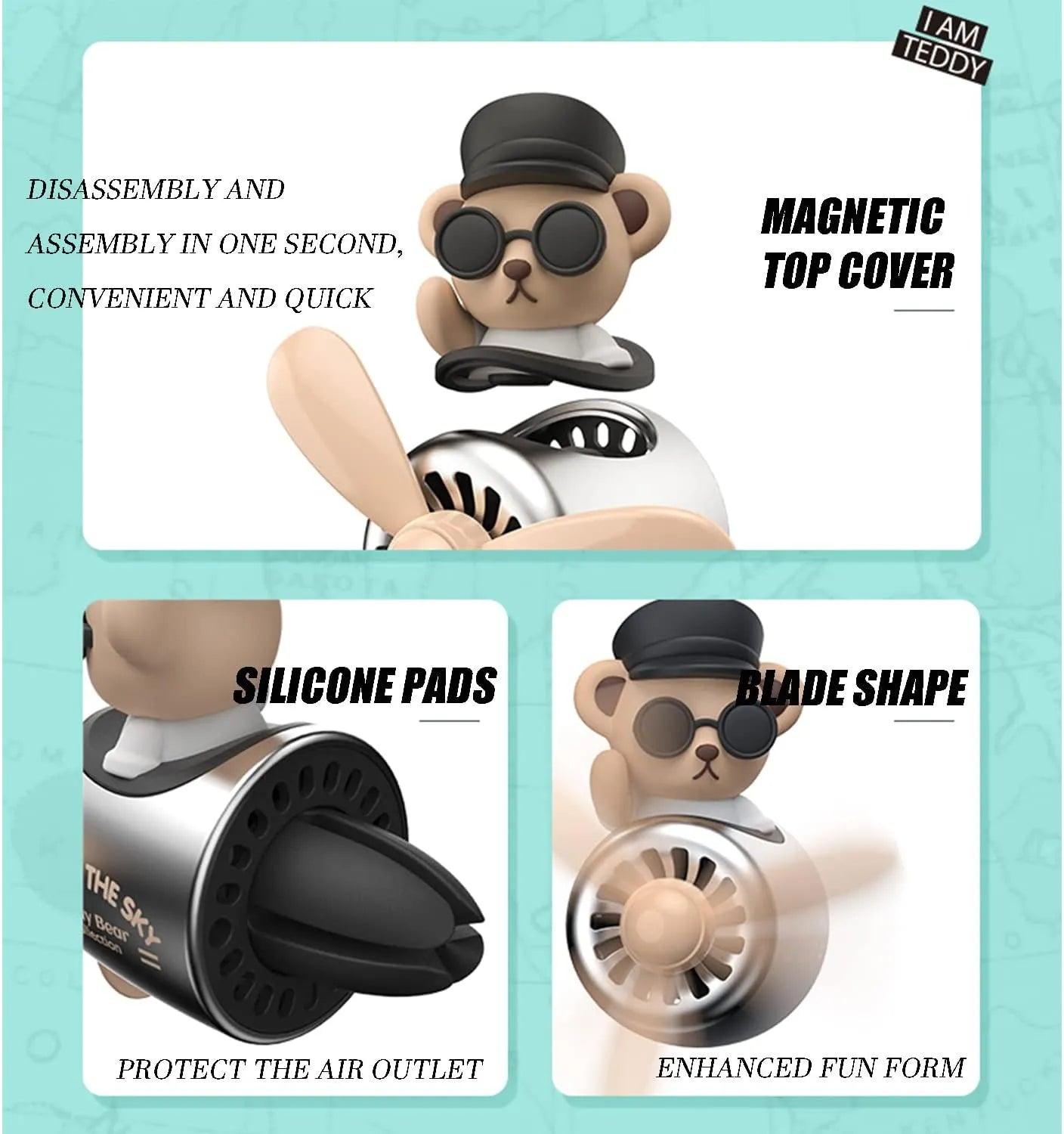 Features of the Teddy Bear Pilot Car Air Freshener with propeller diffuser, including a magnetic top cover, silicone pads, and enhanced blade shape.