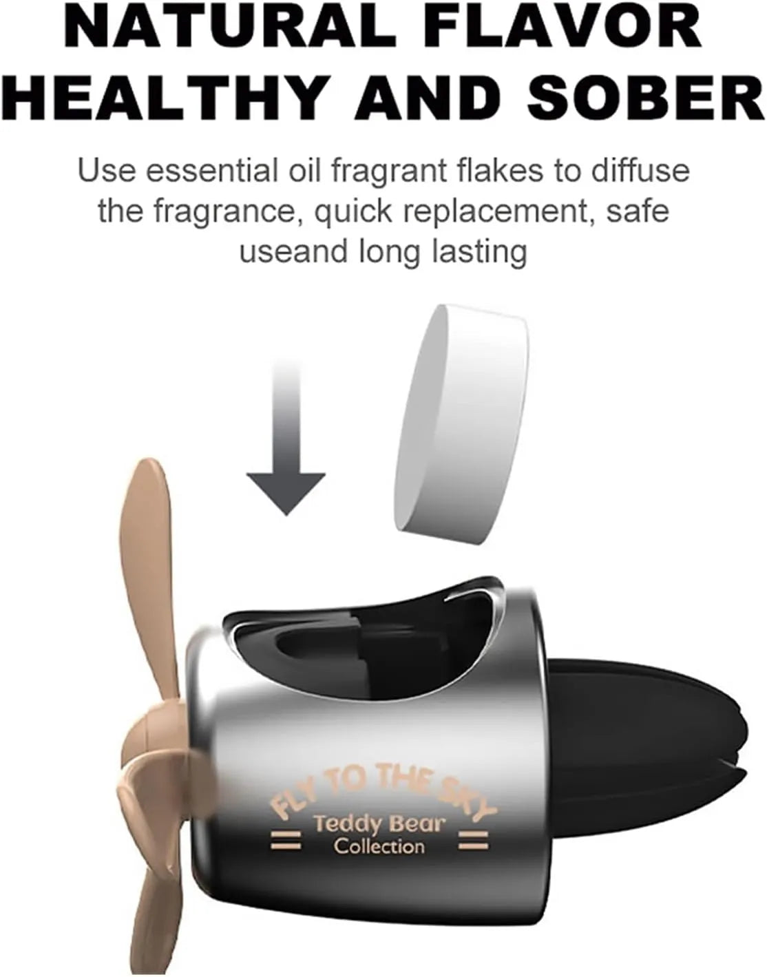Teddy Bear Pilot Car Air Freshener with propeller diffuser, featuring natural essential oil fragrant flakes for a healthy and long-lasting fragrance.