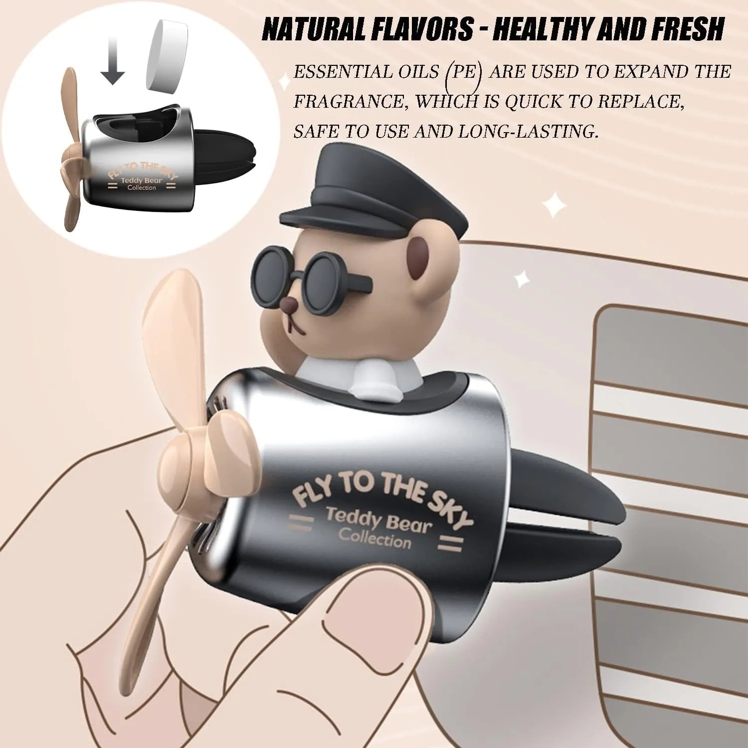 Teddy Bear Pilot Car Air Freshener with propeller diffuser, featuring natural essential oils for a healthy and fresh fragrance.