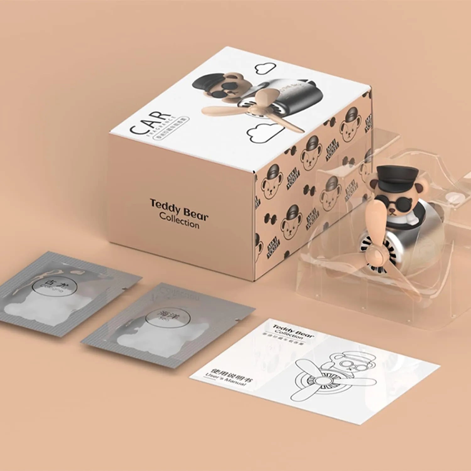 Packaging of the Teddy Bear Pilot Car Air Freshener, featuring the product and additional accessories from the 'Teddy Bear Collection'.