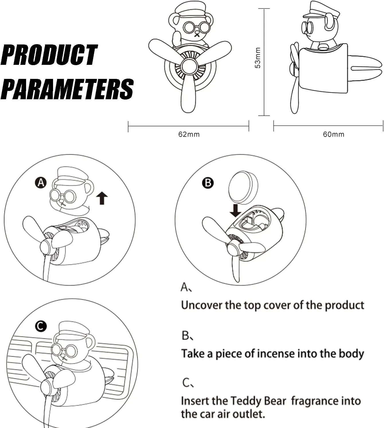 Product parameters and installation steps for the Teddy Bear Pilot Car Air Freshener with propeller diffuser, including dimensions and instructions.