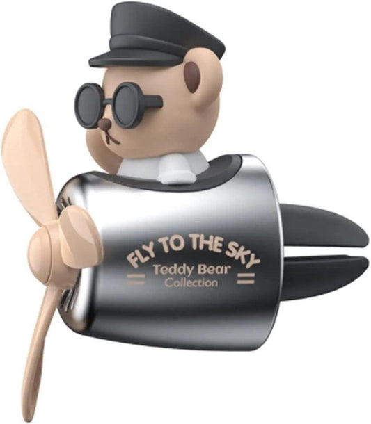 Silver teddy bear pilot car air freshener with a sleek propeller design, featuring the text 'Fly to the Sky - Teddy Bear Collection