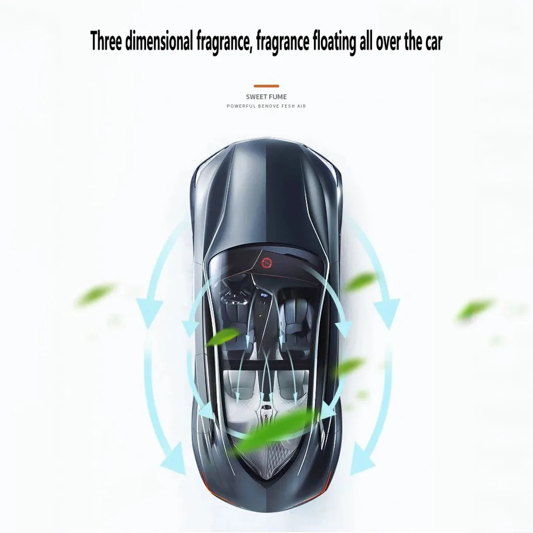 Three-dimensional car fragrance diffuser illustrating airflow and scent distribution throughout the vehicle interior.