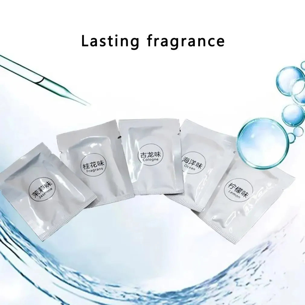 Five individually packaged air fresheners labeled Jasmine, Fragrans, Cologne, Ocean, and Lemon with the text 'Lasting fragrance'.