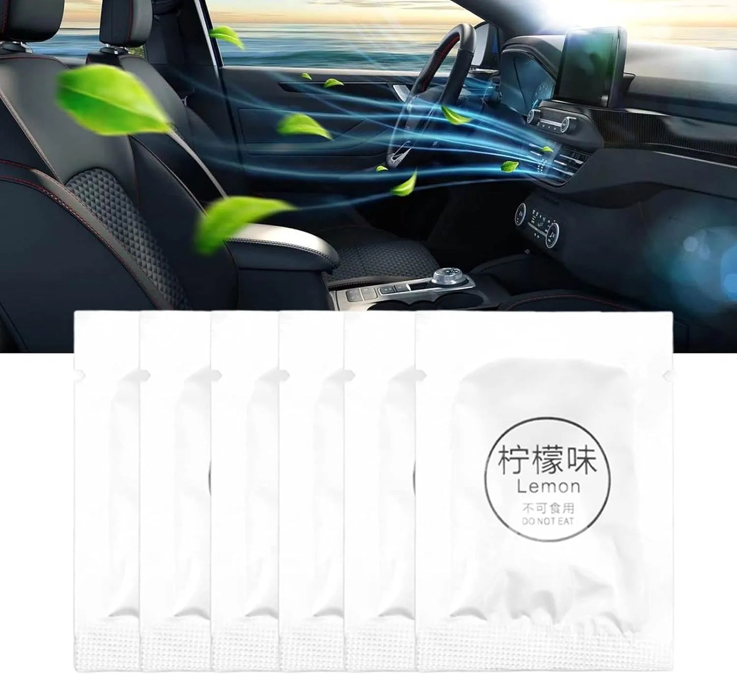 Car interior with fresh air circulation and green leaves, showcasing six individually packaged lemon-scented air fresheners.